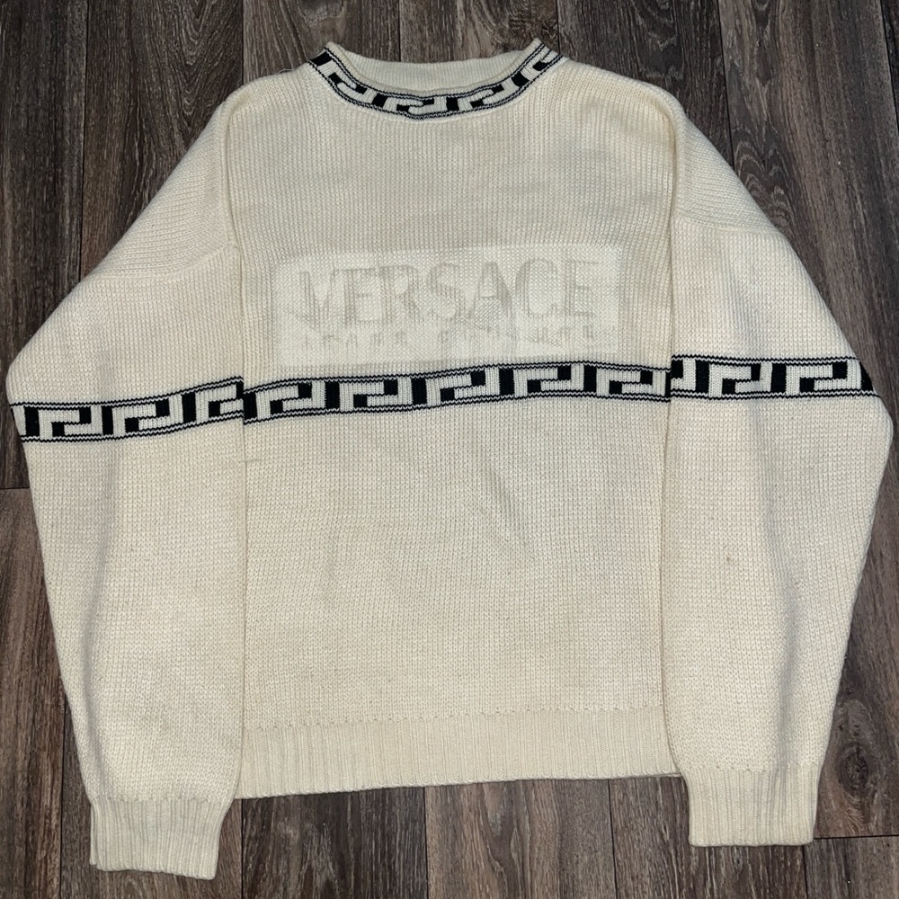 Vintage 90s Versace Greca Pattern Logo Print Wool Sweater